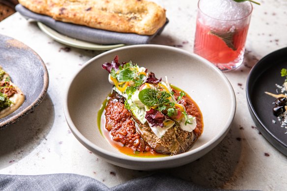 Berinjela temperada com pimenta verde, pepino, labneh e caldo de tomate.