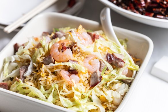Nihao fried rice with seafood, barbecue pork and egg.