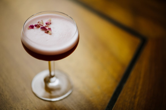 The Rosie (Never Never Ginache gin, Select aperitivo, pomegranate juice, rhubarb syrup, Wonderfoam) at Flying Colours, a bar and restaurant in Brisbane’s West End.