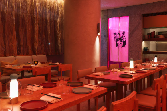 Genzo’s neon-lit dining room.