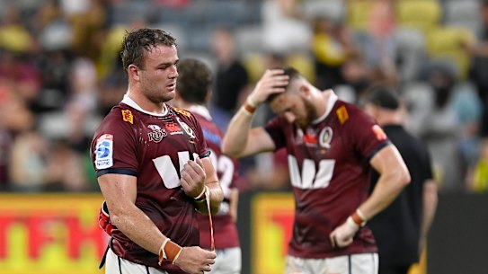TOWNSVILLE, AUSTRALIA - FEBRUARY 25:  Harry Wilson of the Reds walks from the field looking dejected after losing the round one Super Rugby Pacific match between Queensland Reds and Hurricanes at Queensland Country Bank Stadium, on February 25, 2023, in Townsville, Australia. (Photo by Ian Hitchcock/Getty Images)