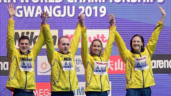 Australia's mixed 4x100m medley relay team, from left, Mitchell Larkin, Matthew Wilson, Emma Mckeon and Cate Campbell.