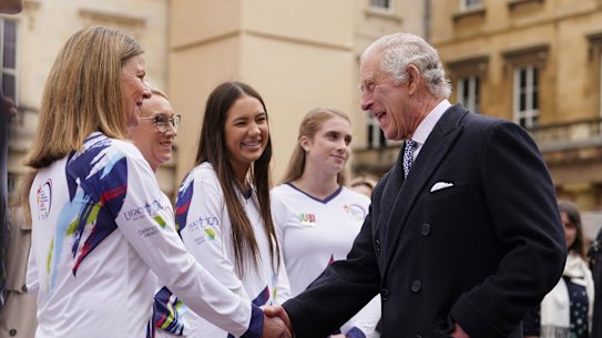 King Charles meets torchbearers at the start of the London leg of the Australian Legacy Torch Relay to mark the charity’s centenary year.