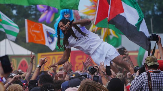 Bob Vylan performs at the Glastonbury Festival on Saturday.