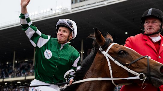 James McDonald salutes on Cox Plate winner Via Sistina