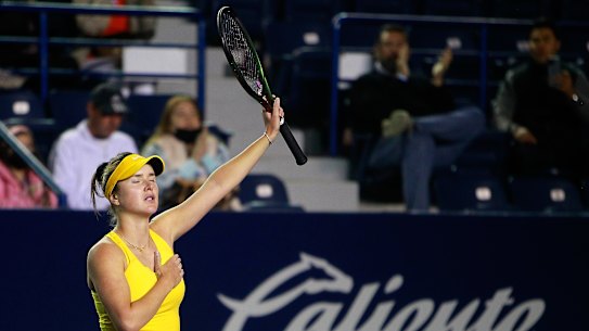 Elina Svitolina celebrates a point against Anastasia Potapova of Russia in Mexico in 2022.