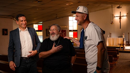 From left: Banyule City Council deputy mayor Rick Garotti, vicar Stephen Monsiegneur and resident Brendan Murphy at St Peter’s Anglican Church in Bundoora.