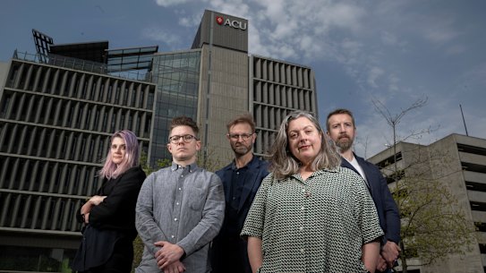 ACU staff (from left to right) philosophy professor Gillian Russell, Research Fellow in Political Science · Institute for Humanities and Social Sciences Kyle Peyton, Prof. and Dir. DIANOIA Institute of Philosophy Stephen Finlay, Prof and Dir. medieval and early modern studies research program Megan Cassidy- Welch and Prof. and Dir. political science research program Paul Kenny. ACU ( Australian Catholic University ) has announced they are decimating the philosophy and theology departments, making redundant people they’ve recently headhunted at their Melbourne campus. 