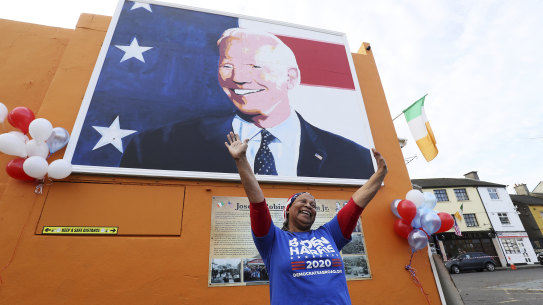 Beryl McCrainey Slevin, originally from California, celebrates Joe Biden in Ballina, Ireland, his ancestral home.