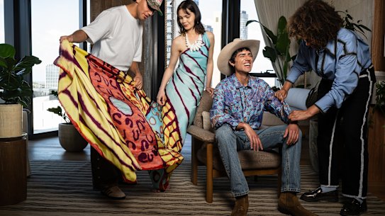 Stylists Lindyn Rowland and Karinda Mutabazi with models Savannah Kruger and Tarik Ismat at Melbourne’s 1 Hotel, preparing for Melbourne Fashion Week