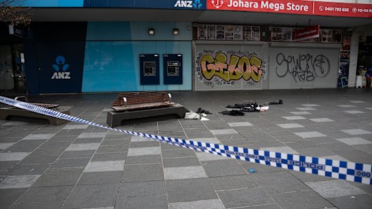 Footscray Mall in Footscray on Sunday after a man was seriously assaulted.