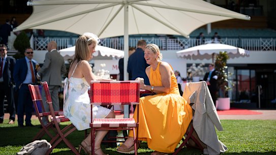 Friends Kate Kinsella and Tara Shimmim from Mordialloc before the first race in the General area at the 2025 Caulfield Cup, Melbourne