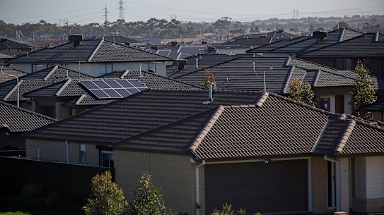 Dark roofs dominate a housing estate in the growth area suburb of Tarneit, in Melbourne’s west.