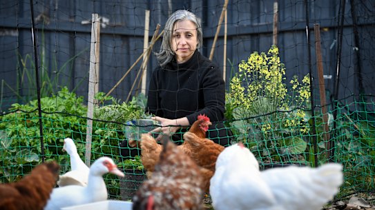 Kerry Frankland in her vegetable garden, planted at the start of the pandemic.