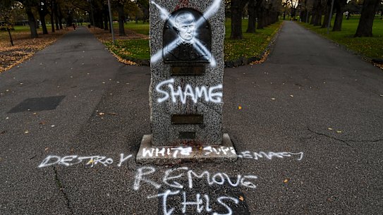 The Captain Cook statue at Edinburgh Gardens was repeatedly defaced, until it was toppled by vandals after Australia Day this year.
