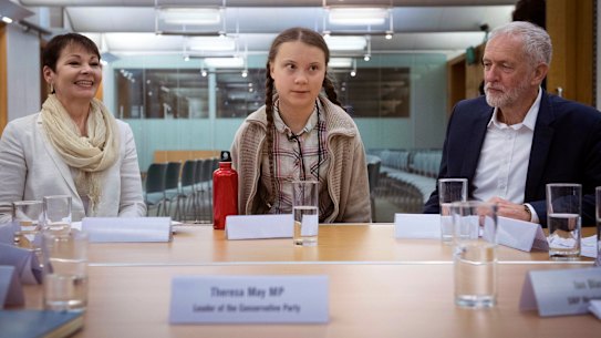 Swedish climate activist Greta Thunberg (centre) meets leaders of the UK political parties, including Green Party leader Caroline Lucas (left) and Labour leader Jeremy Corbyn (right).