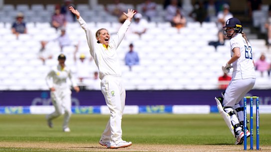 Australia’s Ashleigh Gardner celebrates after taking the wicket of England’s Danni Wyatt to win the first Women’s Ashes test match. 
