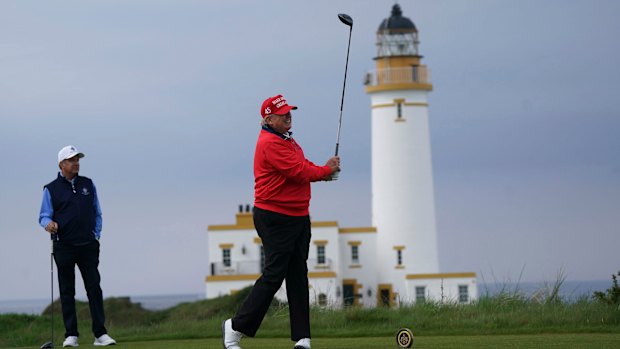 Former US president Donald Trump plays golf at his Trump Turnberry course, during his visit to the UK, in Turnberry, South Ayrshire, Scotland, Wednesday May 3, 2023. (Andrew Milligan/PA via AP)