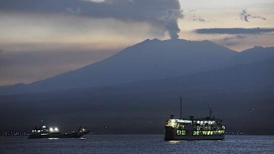 Mount Raung, in East Java, as seen from Gilimanuk Port in Bali.