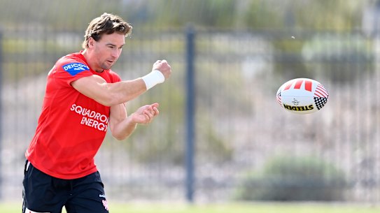 Clint Gutherson passes the ball during Dragons training in Las Vegas.