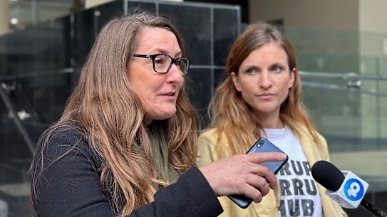 Woodside protester Kristen Morrissey outside court on Tuesday.