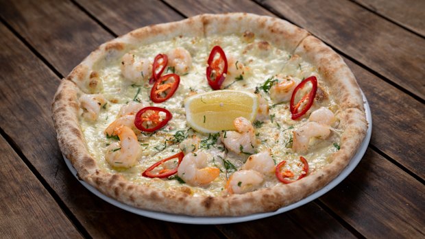 Chilli prawn pizza.