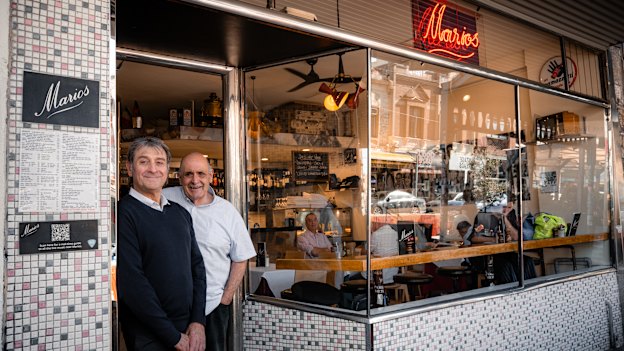 Mario Maccarone (left) and Mario De Pasquale outside Marios, which they opened on April 28, 1986.