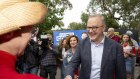 Prime Minister Anthony Albanese and Labor candidate for Dunkley Jodie Belyea at Derinya Primary School in Frankston South on Saturday.