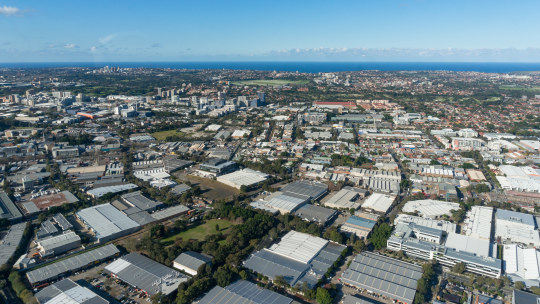 Sydney cityscape aerial view. Sydney suburbs with warehouses, commercial and residential property.