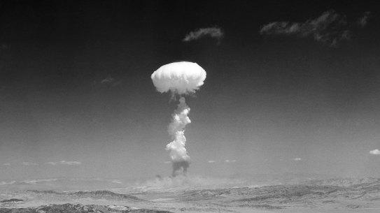 A cloud rises over Yucca Flat, Nevada, during a nuclear test detonation in 1952. The treaty hopes to bring an end to nuclear weapons.