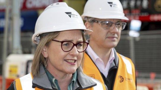 Premier Jacinta Allan and Minister for the Suburban Rail Loop Danny Pearson at the Box Hill construction site in July. 