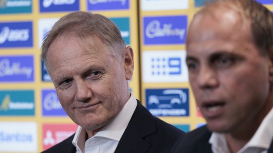 New Wallabies head coach Joe Schmidt with Rugby Australia chief executive Phil Waugh in January.