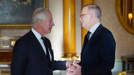 King Charles III and Prime Minister Anthony Albanese at Buckingham Palace.
