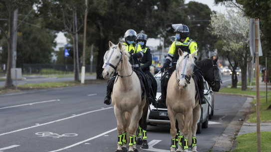 Police presence in Altona North on Monday evening. 