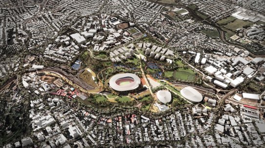 Archipelago’s Brisbane Bold proposal for a stadium precinct at Victoria Park. The Graham Quirk report recommended a less ambitious development, including just a stadium in the north-west corner of Victoria Park.