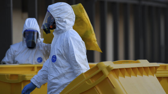 Clinical waste removalists at the St Basil's Homes for the Aged in Fawkner.