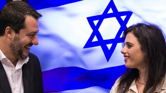 Israeli Justice Minister Ayelet Shaked,right, meets with the Italian Interior Minister and Deputy-Premier Matteo Salvini at the Knesset in Jerusalem on Wednesday.