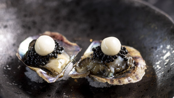 Akoya oysters with garlic “pearls”.