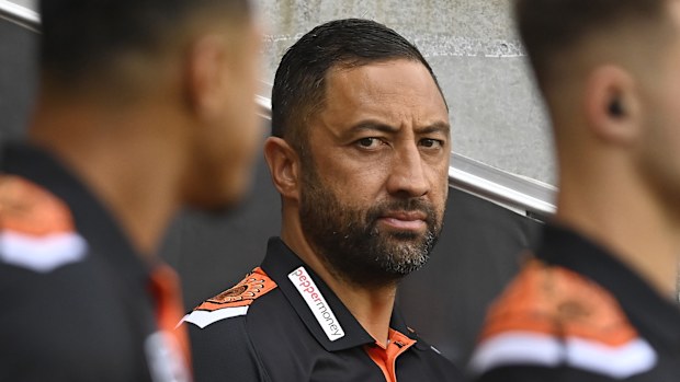 TOWNSVILLE, AUSTRALIA - MAY 24: Tigers coach Benji Marshall looks on before the start of the round 12 NRL match between North Queensland Cowboys and Wests Tigers at Qld Country Bank Stadium, on May 24, 2024, in Townsville, Australia. (Photo by Ian Hitchcock/Getty Images)
