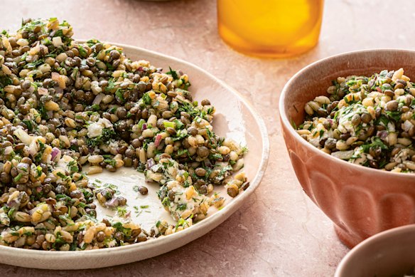 Make this Puy lentil and pearl barley salad your own by adding extras such as soft-boiled eggs or green chilli.