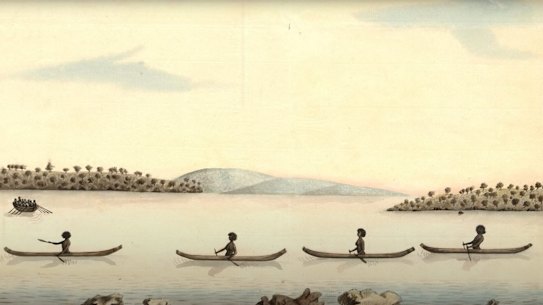 A detail from the painting of “Bannelang [Bennelong] meeting the Governor by appointment after he was wounded by Will [Nille?] ma ring in September 1790”. It depicts Barangaroo in the second canoe.