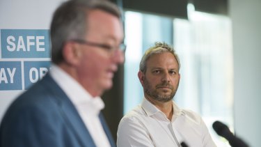 Victorian Health Minister Martin Foley (left) and Chief Health Officer Brett Sutton speak about the state's response to Sydney's COVID-19 outbreak.
