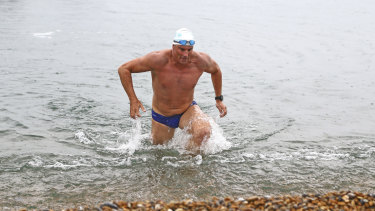 Lewis Pugh arrives at Shakespeare Beach to complete his "Long Swim" from Land's End to Dover, England.