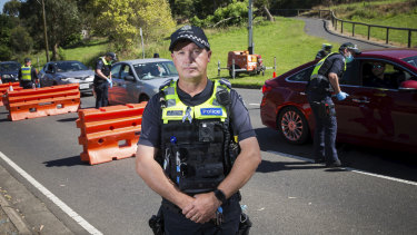 Leading Senior Constable Paul Gosling at a vehicle checkpoint at Upper Ferntree Gully.