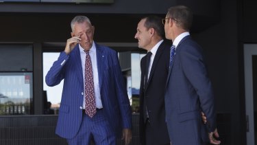 Winx owner Peter Tighe sheds a tear at the opening of the stand with Chris Waller and Hugh Bowman.