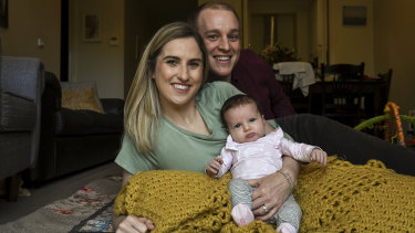 Kate Lyons with husband Patrick and their six-week old daughter Matilda.