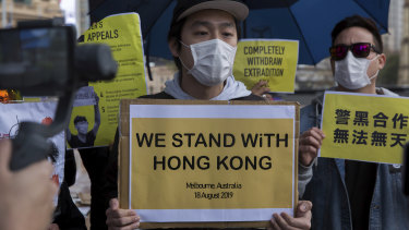 Pro-Hong Kong demonstrators at Federation Square on Sunday.