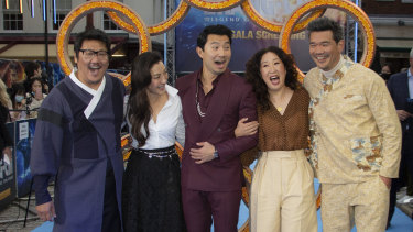 At the London premiere of Shang-Chi and the Legend of the Ten Rings were (from left) Benedict Wong, Michelle Yeoh, Simu Liu, Sandra Oh and director Destin Daniel Cretton. 