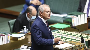Prime Minister Scott Morrison makes a statement about the Member for Hughes, Craig Kelly, during Question Time.
