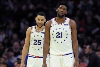 Philadelphia 76ers Joel Embiid (right) and Australian teammate Ben Simmons.